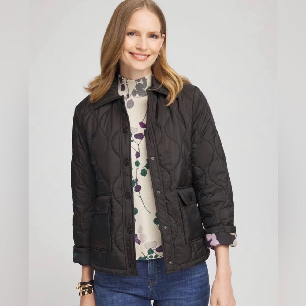 Chico's Faux Nylon Quilted Jacket Lightweight Classic Fit Lined Snap Front Coat